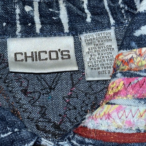 Chico's Denim Jacket Women's Size 2 (12/14) Blue Colorful Ribbon Art To Wear - Picture 9 of 10
